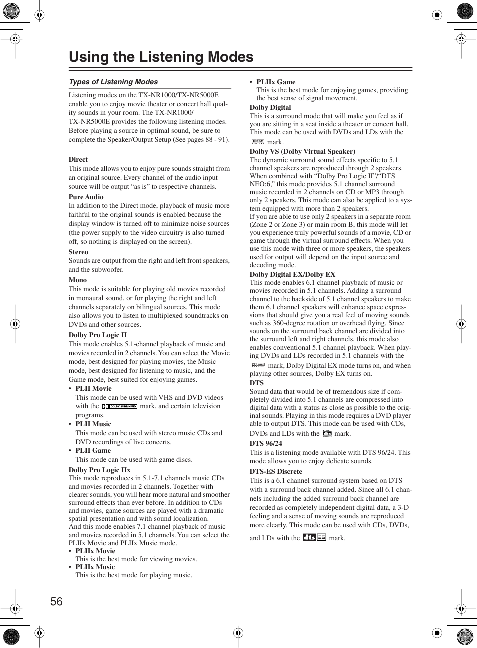 Using the listening modes | Onkyo TX-NR1000 User Manual | Page 56 / 152