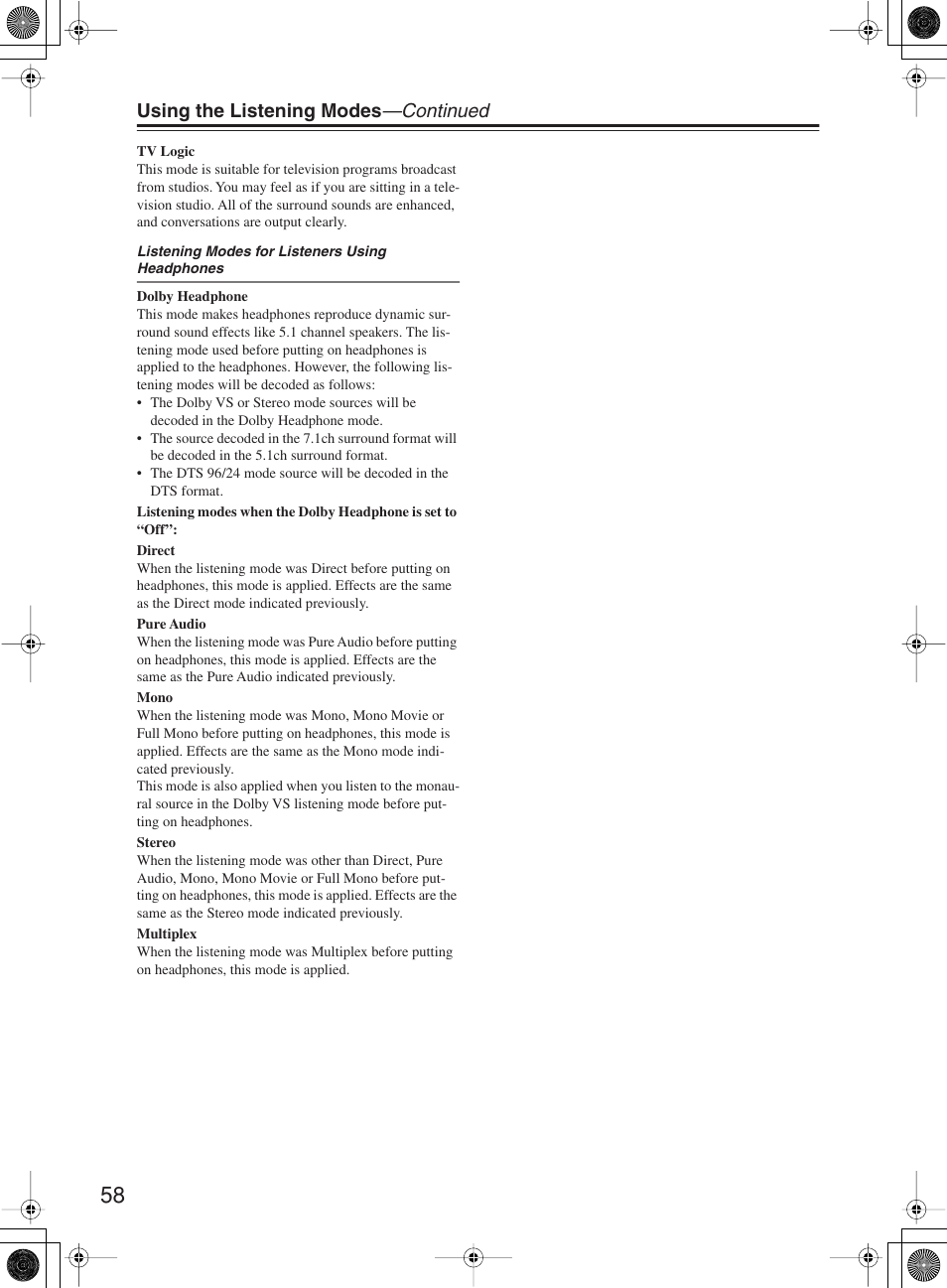 Using the listening modes —continued | Onkyo TX-NR1000 User Manual | Page 58 / 152