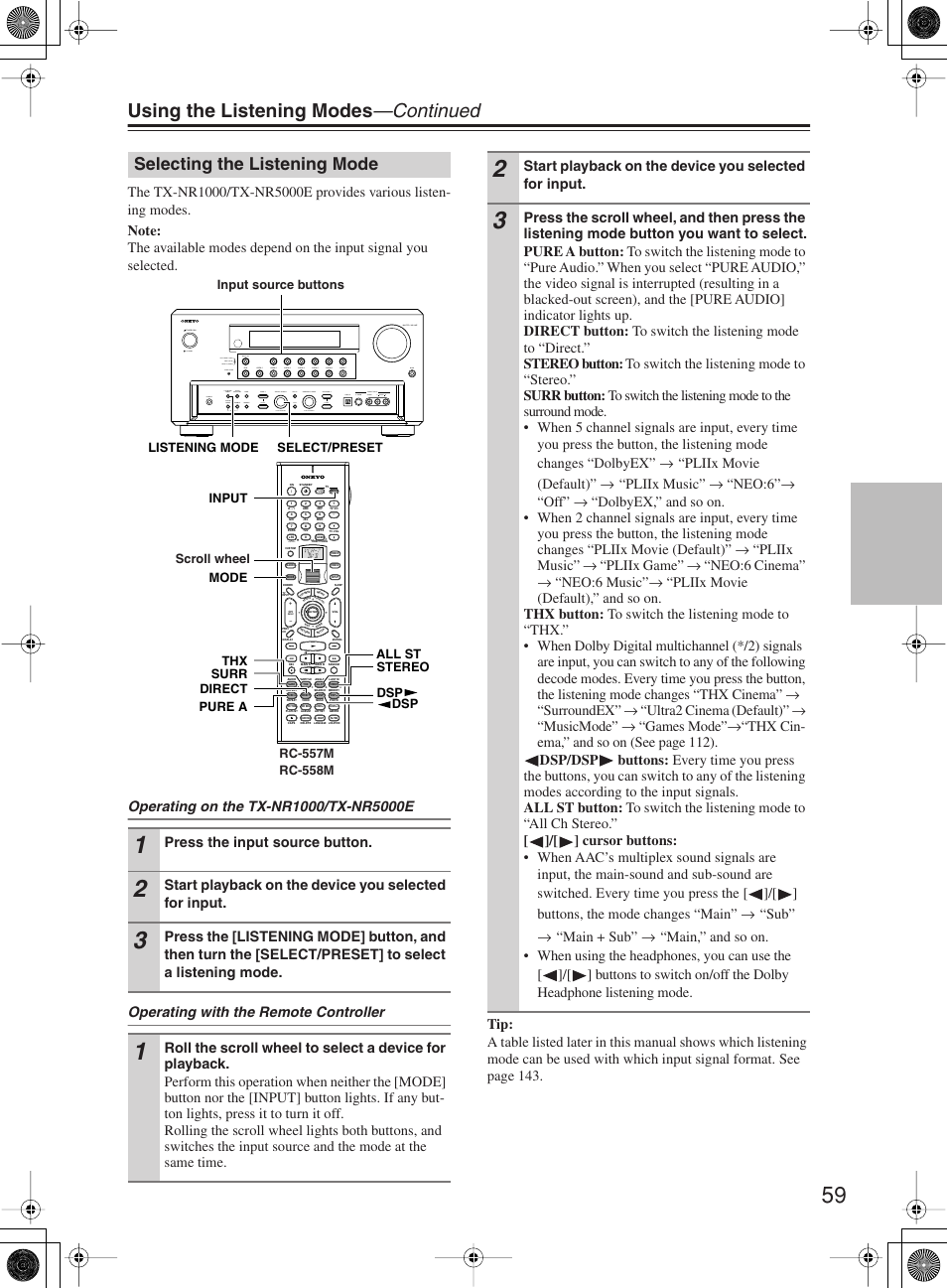 Using the listening modes —continued, Selecting the listening mode | Onkyo TX-NR1000 User Manual | Page 59 / 152