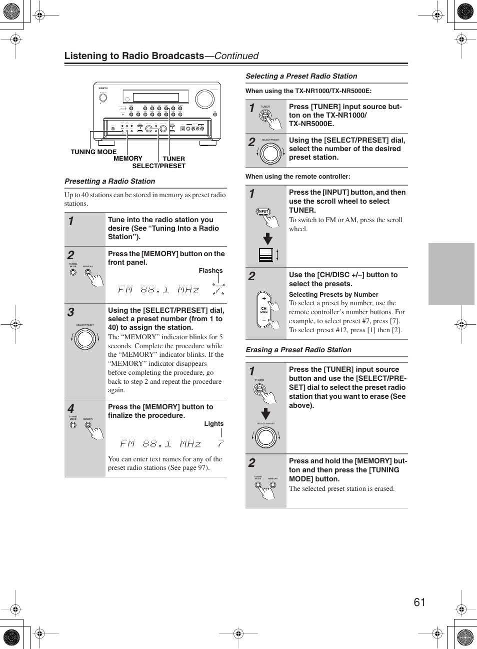 Listening to radio broadcasts —continued | Onkyo TX-NR1000 User Manual | Page 61 / 152