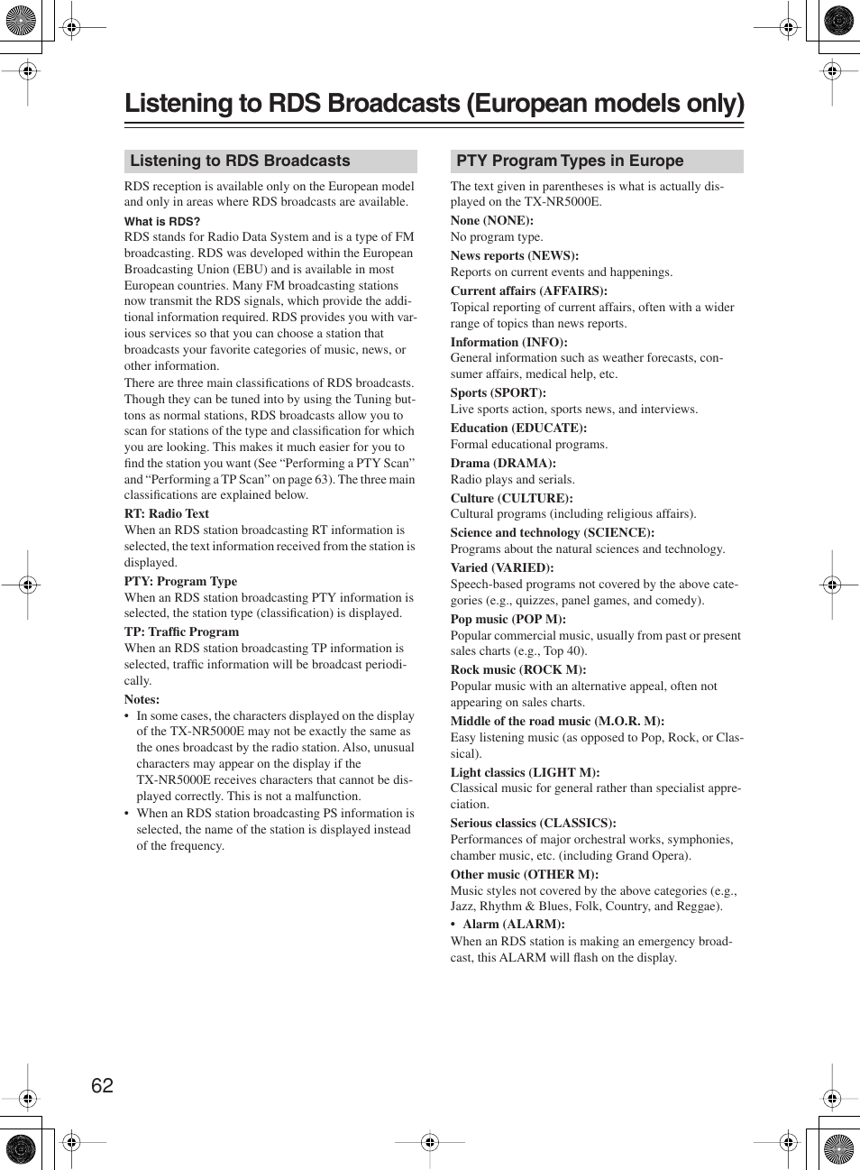 Listening to rds broadcasts (european models only) | Onkyo TX-NR1000 User Manual | Page 62 / 152