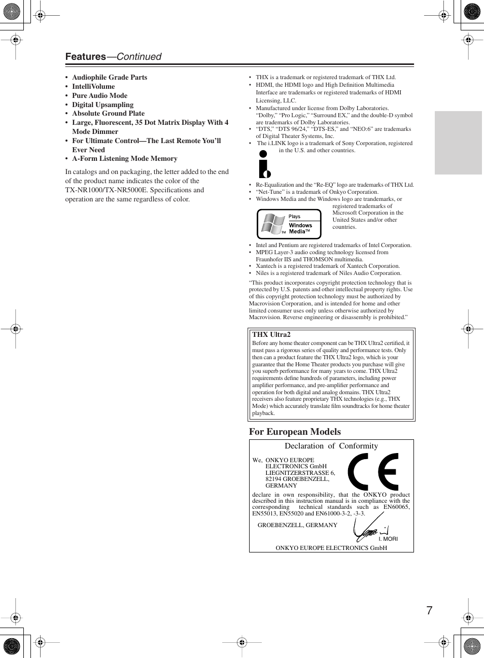 Features —continued, For european models | Onkyo TX-NR1000 User Manual | Page 7 / 152