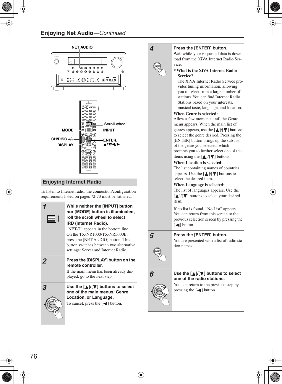 Enjoying net audio —continued, Enjoying internet radio, Disc | Onkyo TX-NR1000 User Manual | Page 76 / 152