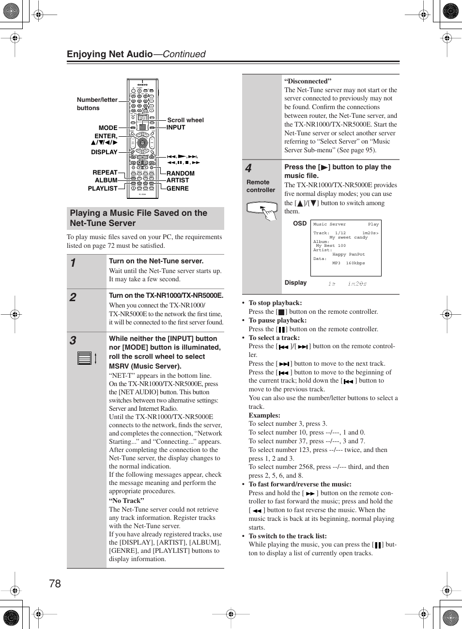 Enjoying net audio —continued, Playing a music file saved on the net-tune server, Disc | Remote controller, Osd display | Onkyo TX-NR1000 User Manual | Page 78 / 152