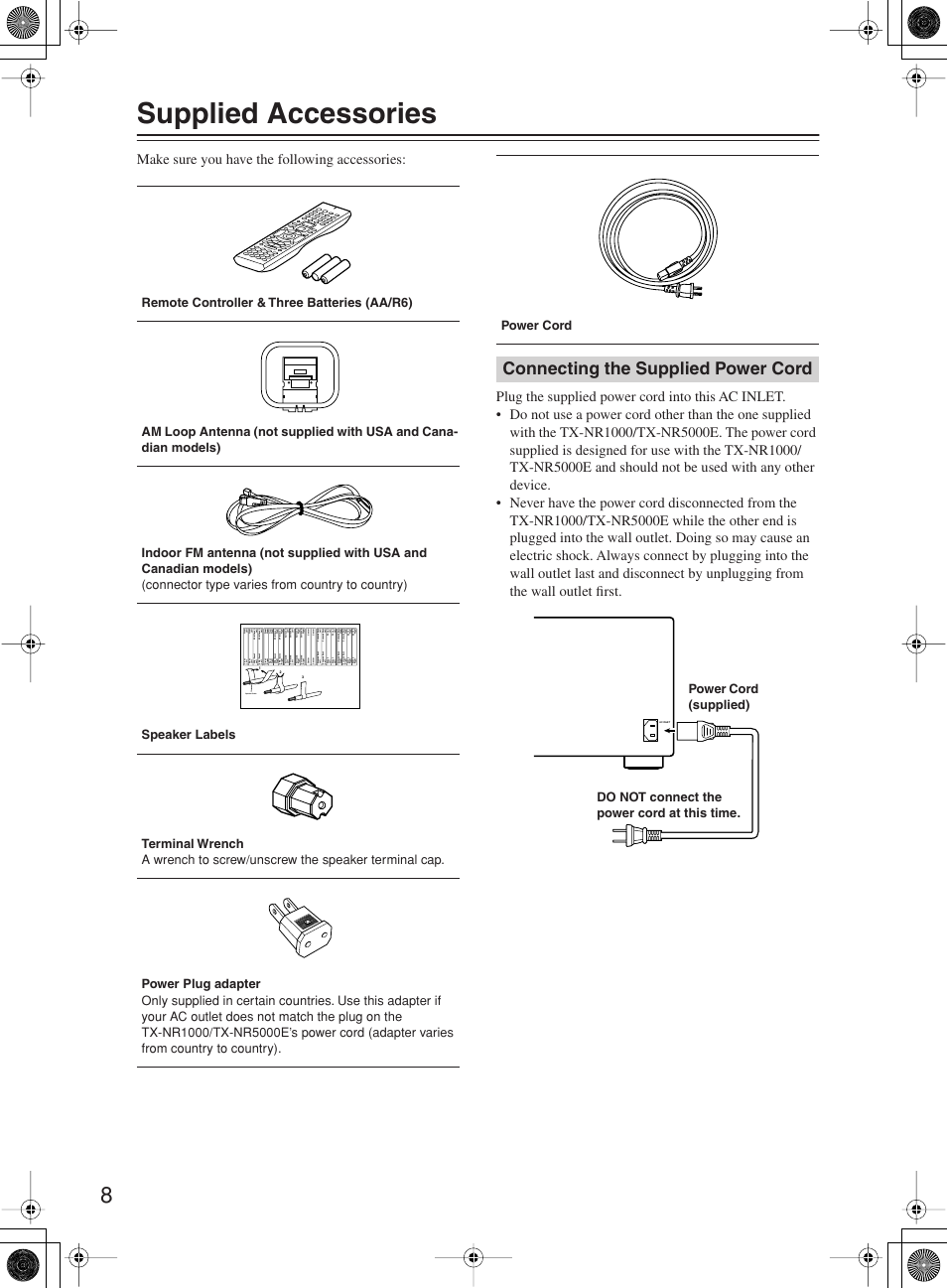 Supplied accessories, Connecting the supplied power cord, Speaker cable | Power cord | Onkyo TX-NR1000 User Manual | Page 8 / 152