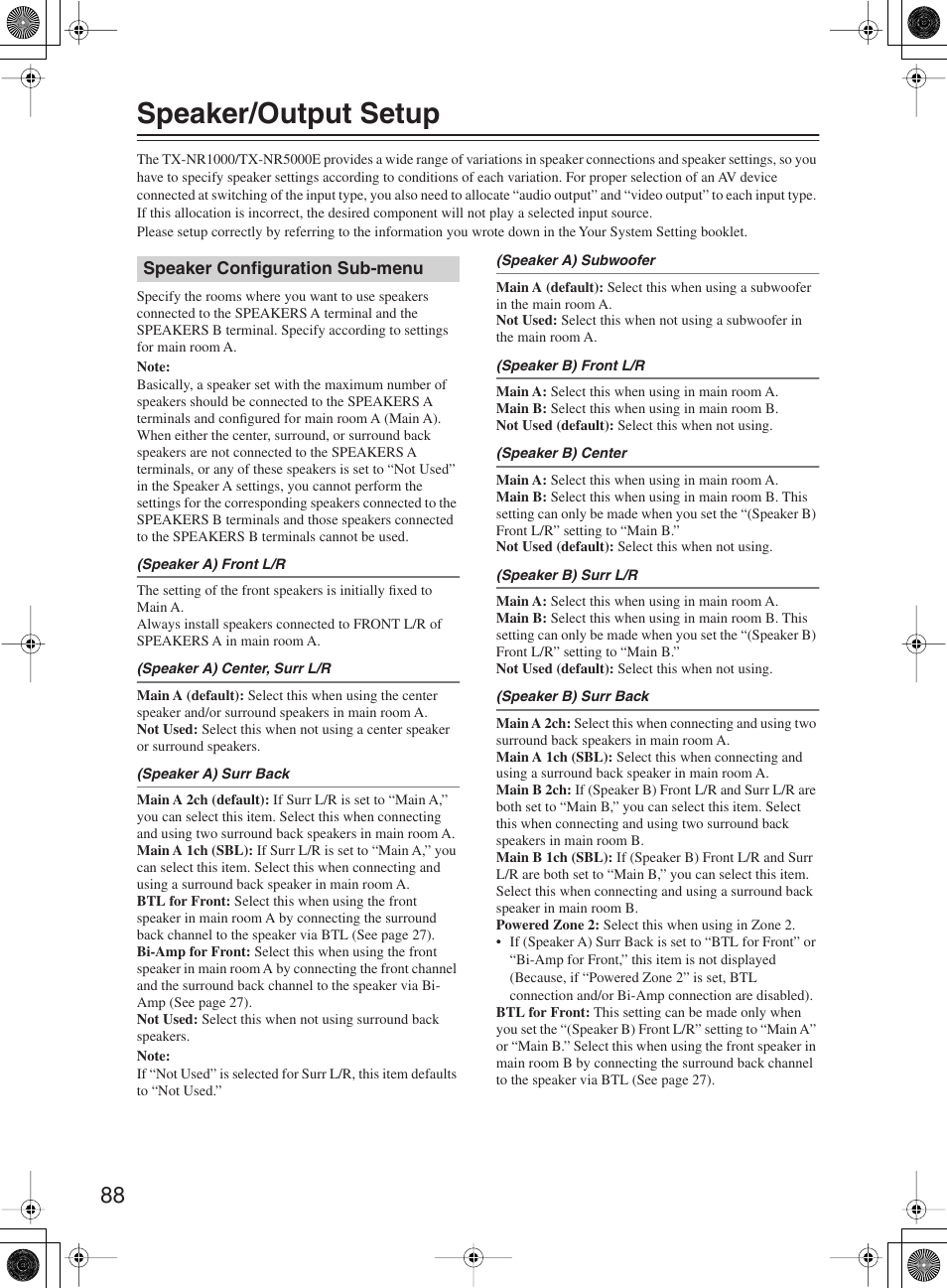 Speaker/output setup | Onkyo TX-NR1000 User Manual | Page 88 / 152