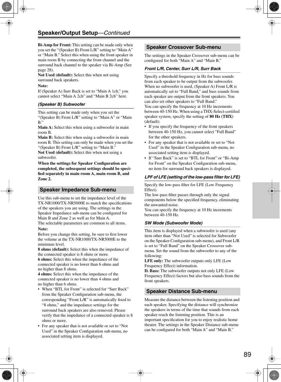 Speaker/output setup —continued | Onkyo TX-NR1000 User Manual | Page 89 / 152