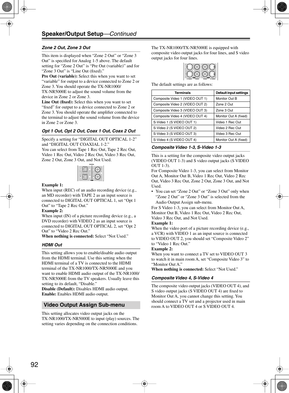 Speaker/output setup —continued, Video output assign sub-menu | Onkyo TX-NR1000 User Manual | Page 92 / 152