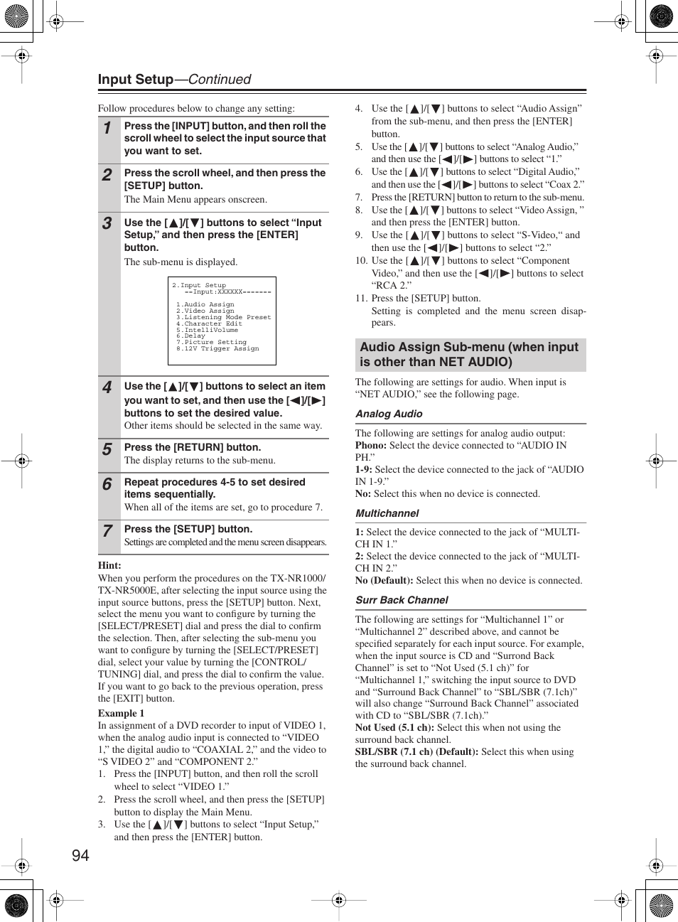 Input setup —continued | Onkyo TX-NR1000 User Manual | Page 94 / 152