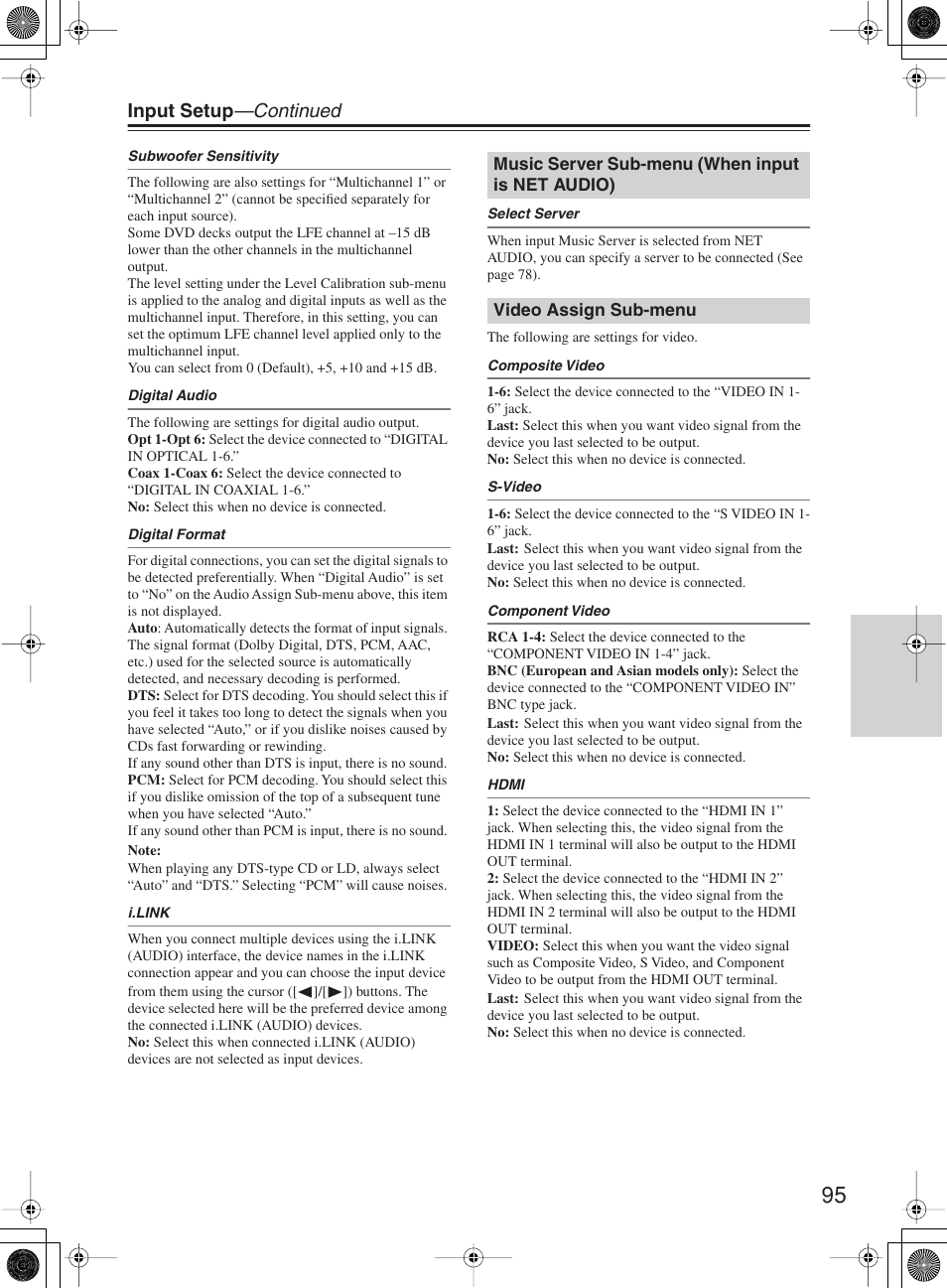 Input setup —continued | Onkyo TX-NR1000 User Manual | Page 95 / 152