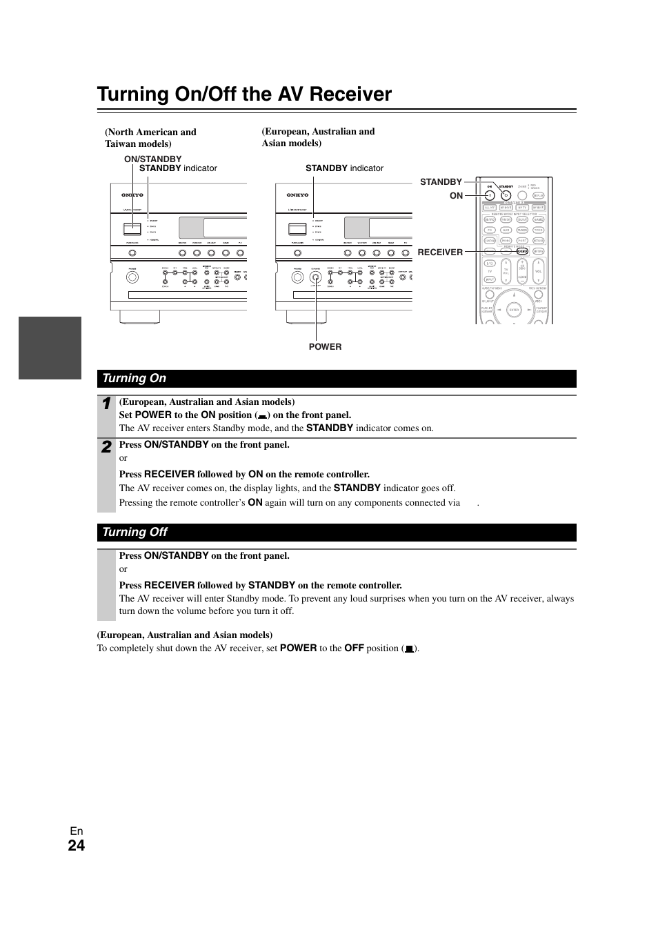 Turning on & basic operations, Turning on/off the av receiver, Turning on | Turning off, Turning on turning off, Tton, Models) | Onkyo TX-NR808 User Manual | Page 24 / 100