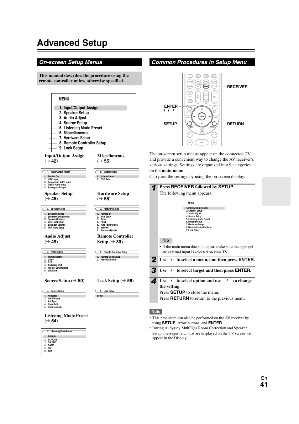 Advanced operations, Advanced setup, On-screen setup menus | Common procedures in setup menu, E “advanced setup” fo, See “advanced setup” for, Details | Onkyo TX-NR808 User Manual | Page 41 / 100