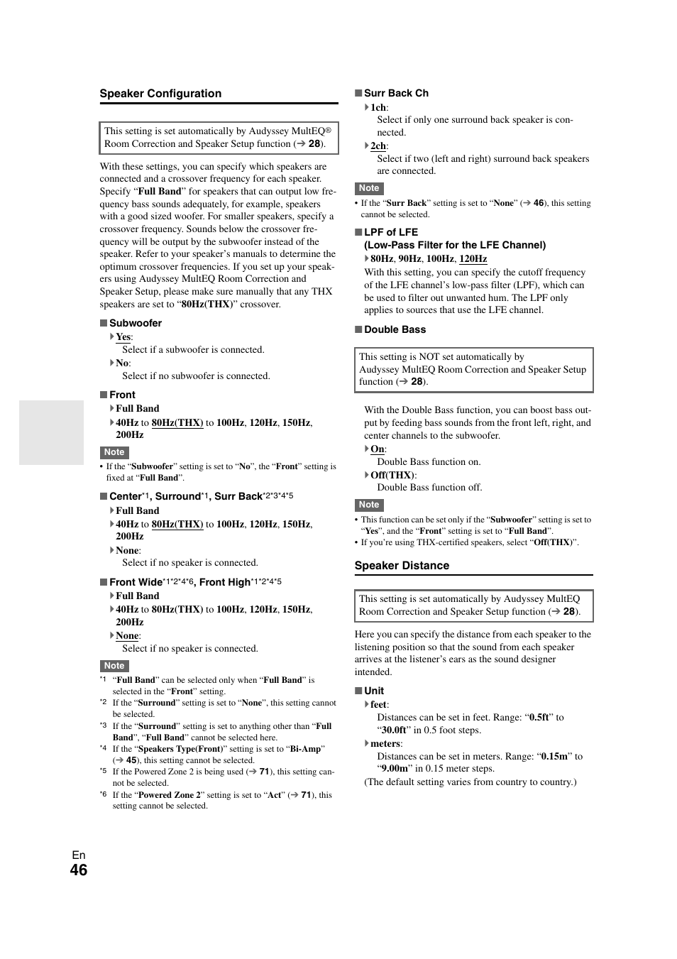 Ee “speaker configuration” f, Speaker configuration, Speaker distance | Subwoofer, Select if a subwoofer is connected, Select if no subwoofer is connected | Onkyo TX-NR808 User Manual | Page 46 / 100