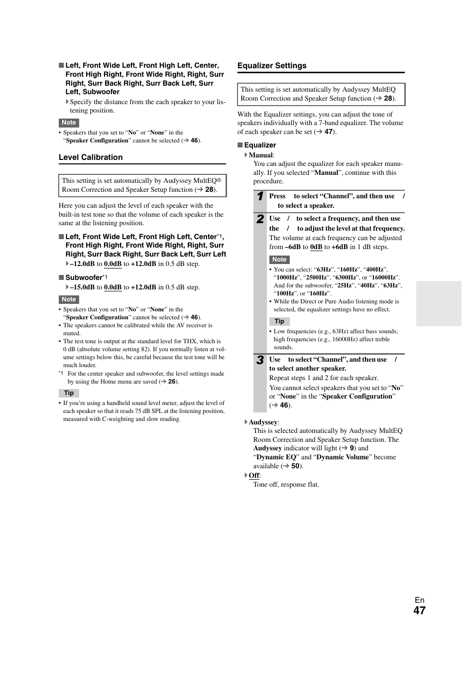 Level calibration, Equalizer settings | Onkyo TX-NR808 User Manual | Page 47 / 100