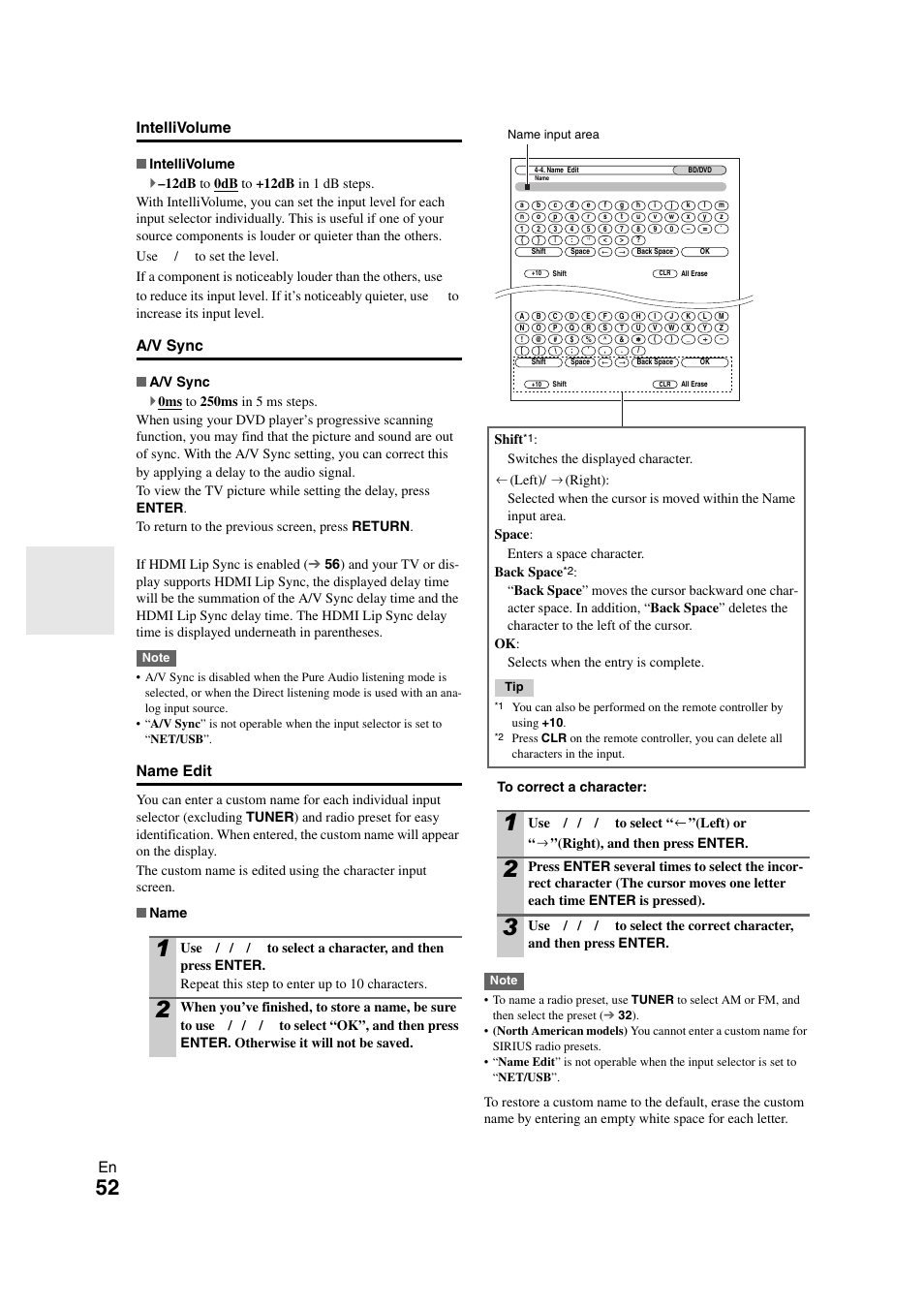 In “name edit, Om name in “name edit, En intellivolume | A/v sync, Name edit | Onkyo TX-NR808 User Manual | Page 52 / 100
