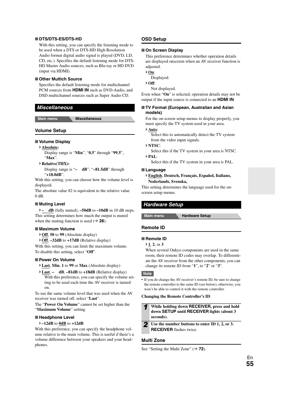 Miscellaneous, Hardware setup, Miscellaneous hardware setup | E “language, Osd setup | Onkyo TX-NR808 User Manual | Page 55 / 100