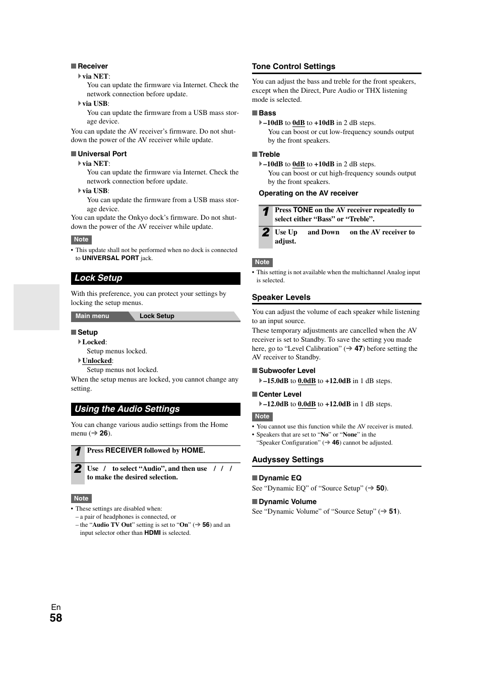 Lock setup, Using the audio settings, Lock setup using the audio settings | Onkyo TX-NR808 User Manual | Page 58 / 100