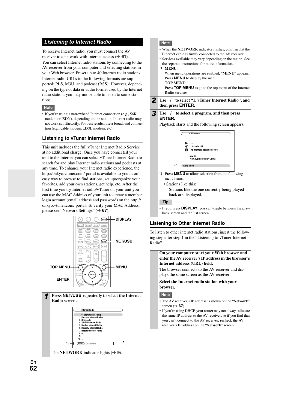 Listening to internet radio | Onkyo TX-NR808 User Manual | Page 62 / 100