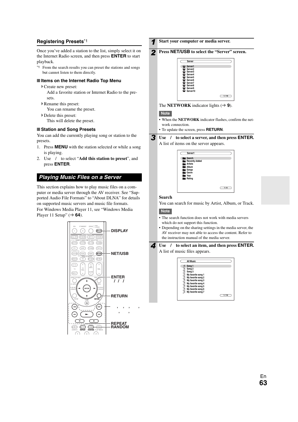 Playing music files on a server | Onkyo TX-NR808 User Manual | Page 63 / 100
