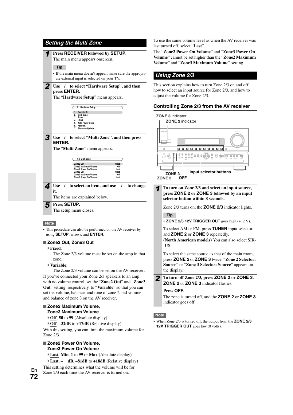 Setting the multi zone, Using zone 2/3, Setting the multi zone using zone 2/3 | Onkyo TX-NR808 User Manual | Page 72 / 100