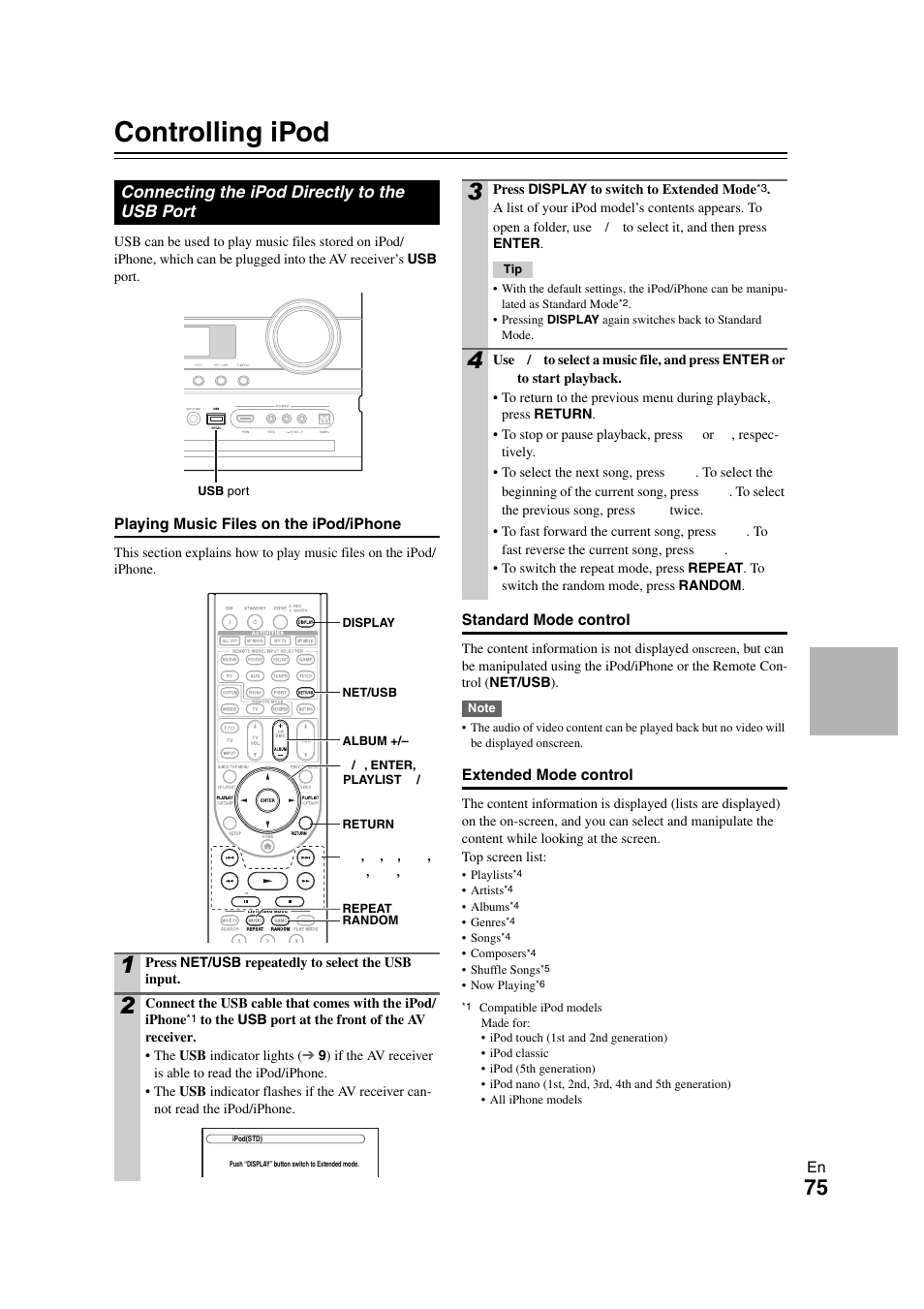 Controlling ipod & other components, Controlling ipod, Connecting the ipod directly to the usb port | Controlling ipod & other, Components | Onkyo TX-NR808 User Manual | Page 75 / 100