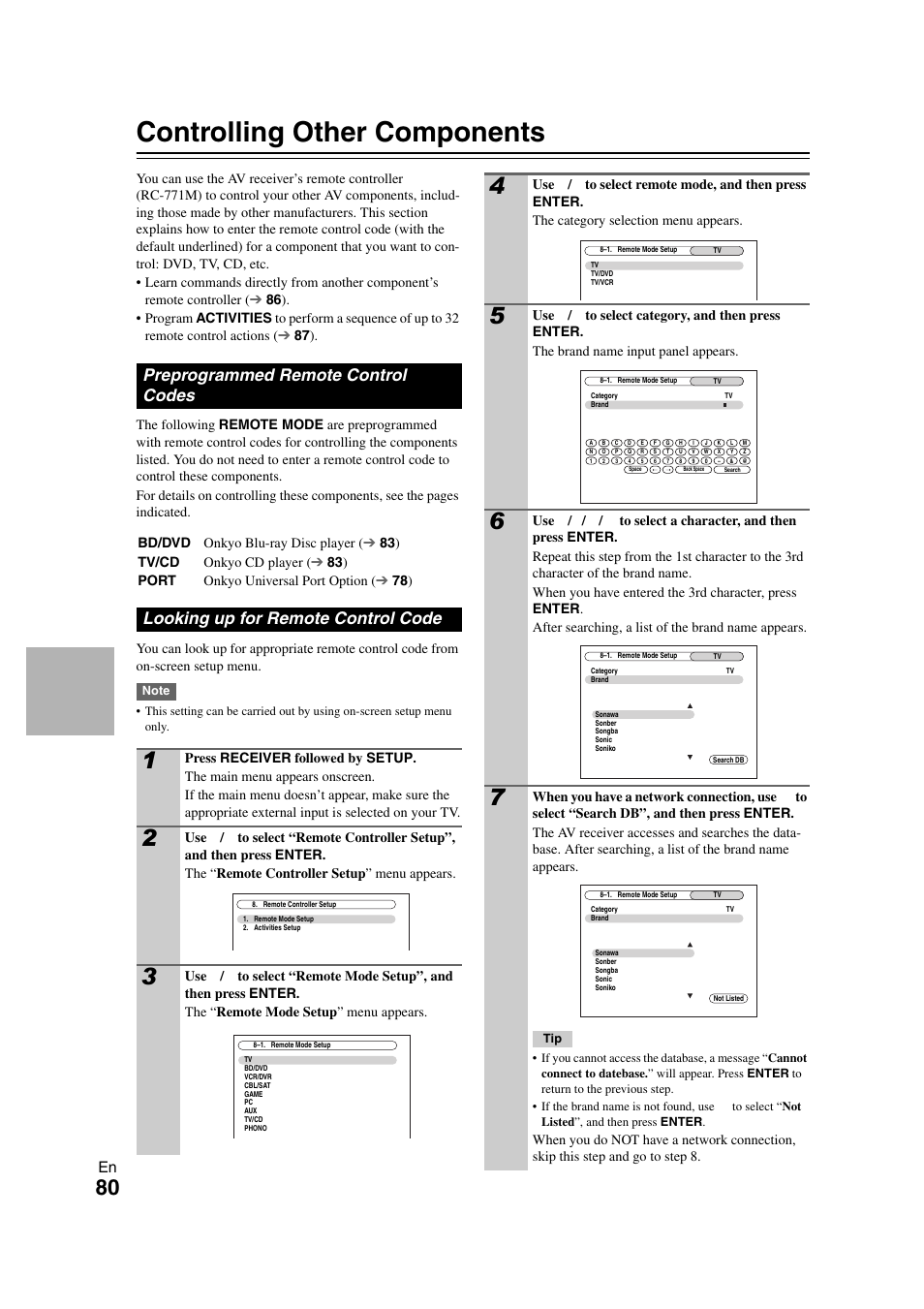 Controlling other components, Preprogrammed remote control codes, Looking up for remote control code | Onkyo TX-NR808 User Manual | Page 80 / 100