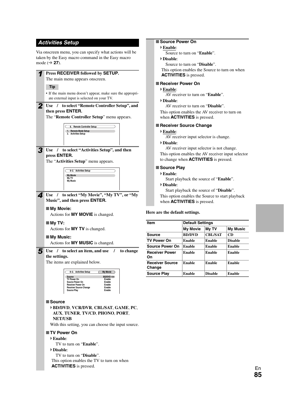 Activities setup, Able, 85 ) and the def | Onkyo TX-NR808 User Manual | Page 85 / 100