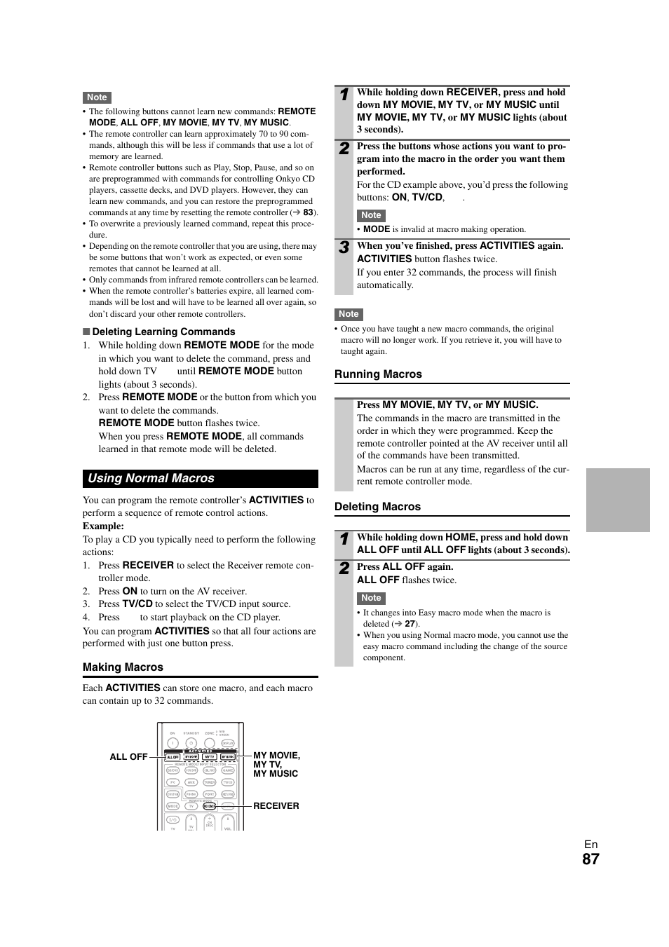Using normal macros, Remote control actions | Onkyo TX-NR808 User Manual | Page 87 / 100