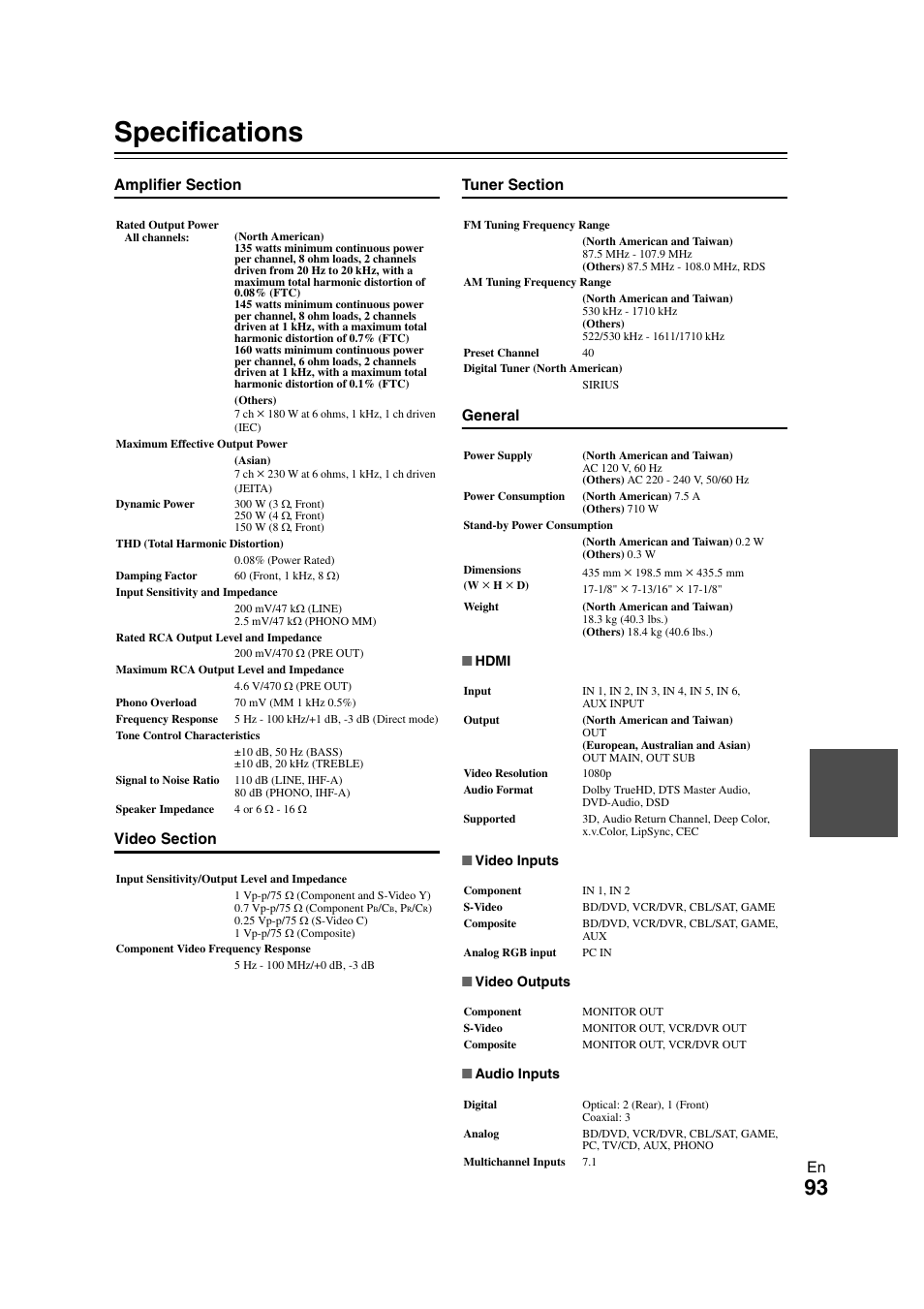 Specifications | Onkyo TX-NR808 User Manual | Page 93 / 100