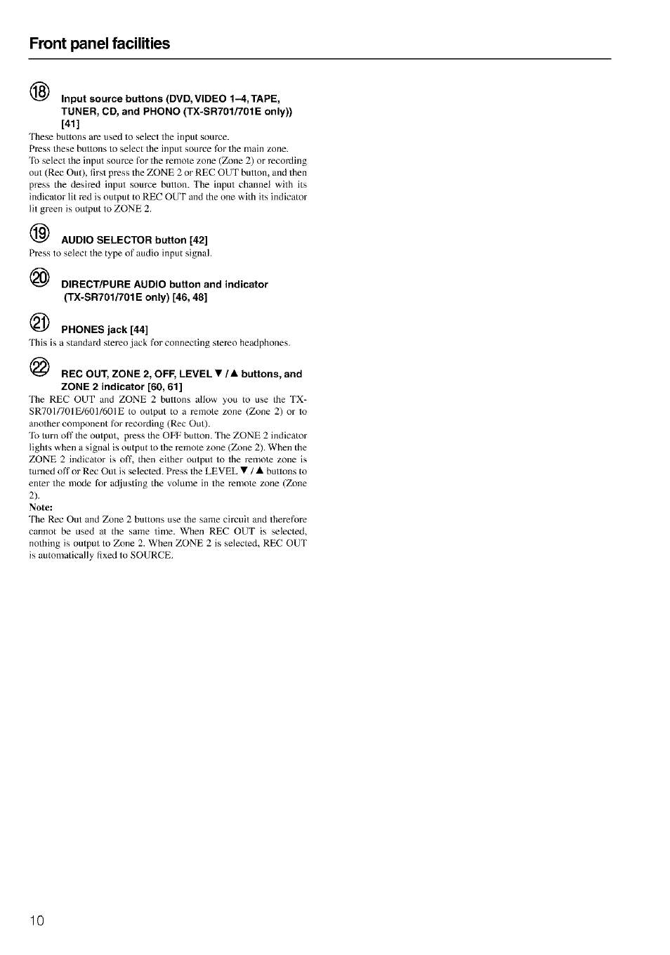 Audio selector button [42, Phones jack [44, Ftx>nt panel facilities | Onkyo TX-SR601 User Manual | Page 10 / 80