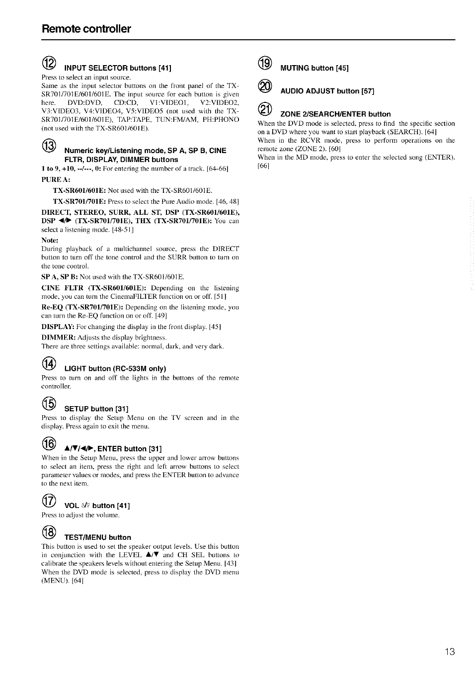 Remote controller, Input selector buttons [41, Pure a | Note, Light button (rc-533m only), Setup button [31, Enter button [31, Vol № button [41, Test/menu button, Muting button [45 | Onkyo TX-SR601 User Manual | Page 13 / 80