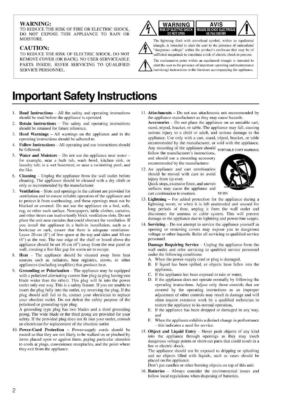 I warning 11 avis i, Important safety instructions | Onkyo TX-SR601 User Manual | Page 2 / 80