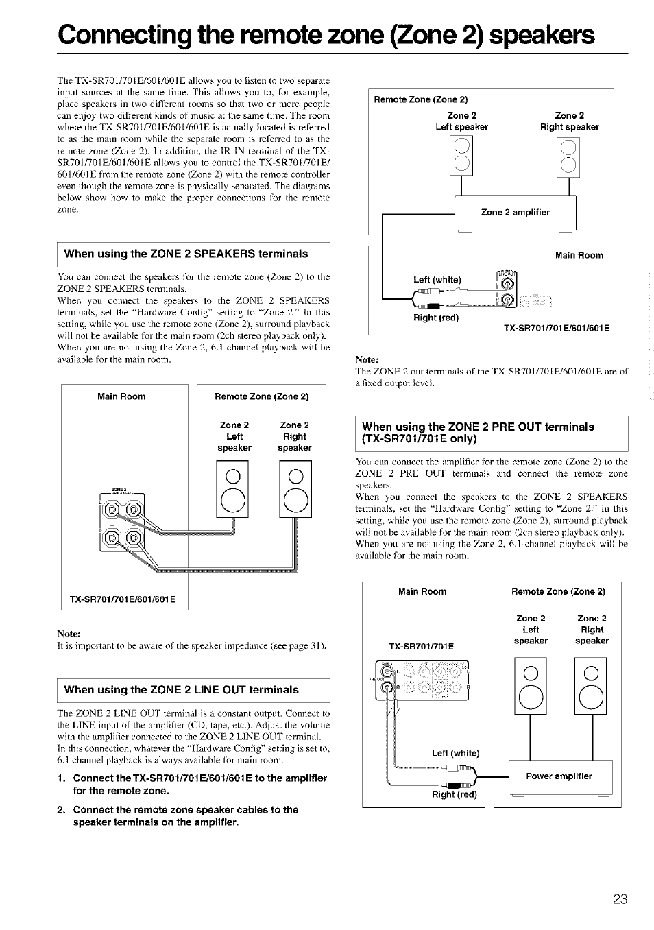 Connecting the remote zone (zone 2) speakers, Note | Onkyo TX-SR601 User Manual | Page 23 / 80