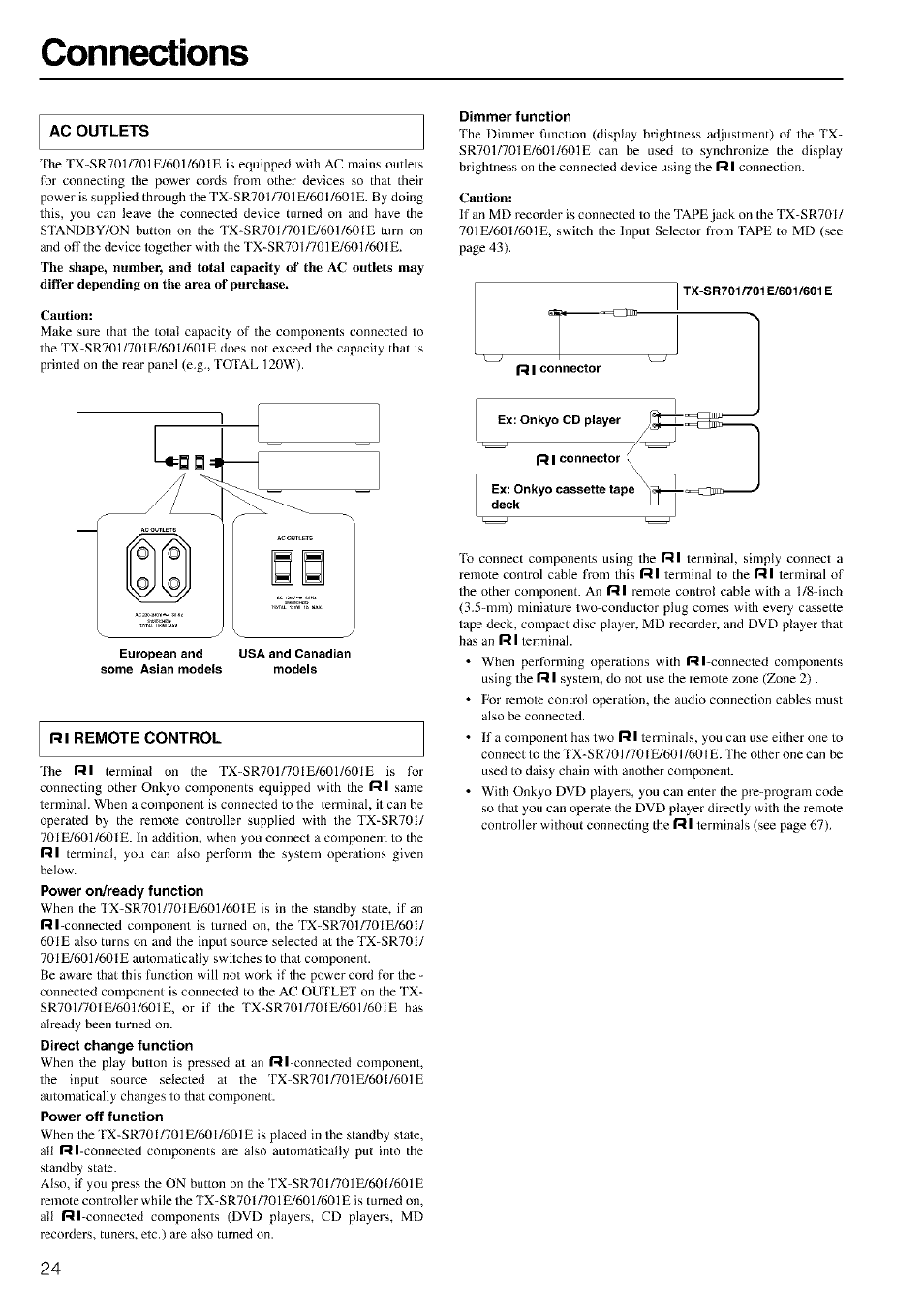 Caution, Rl remote control, Power on/ready function | Direct change function, Power off function, Dimmer function, N i remote controe, Connections | Onkyo TX-SR601 User Manual | Page 24 / 80