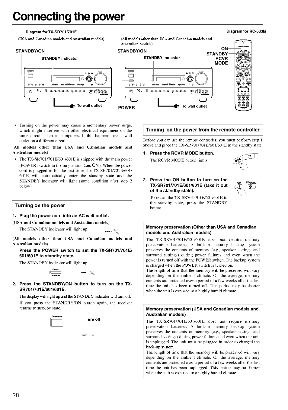 Diagram for rc-533m, Turning on the power, 1, plug the power cord into an ac wall outlet | Turn off, Press the rcvr mode button, Connecting the power | Onkyo TX-SR601 User Manual | Page 28 / 80