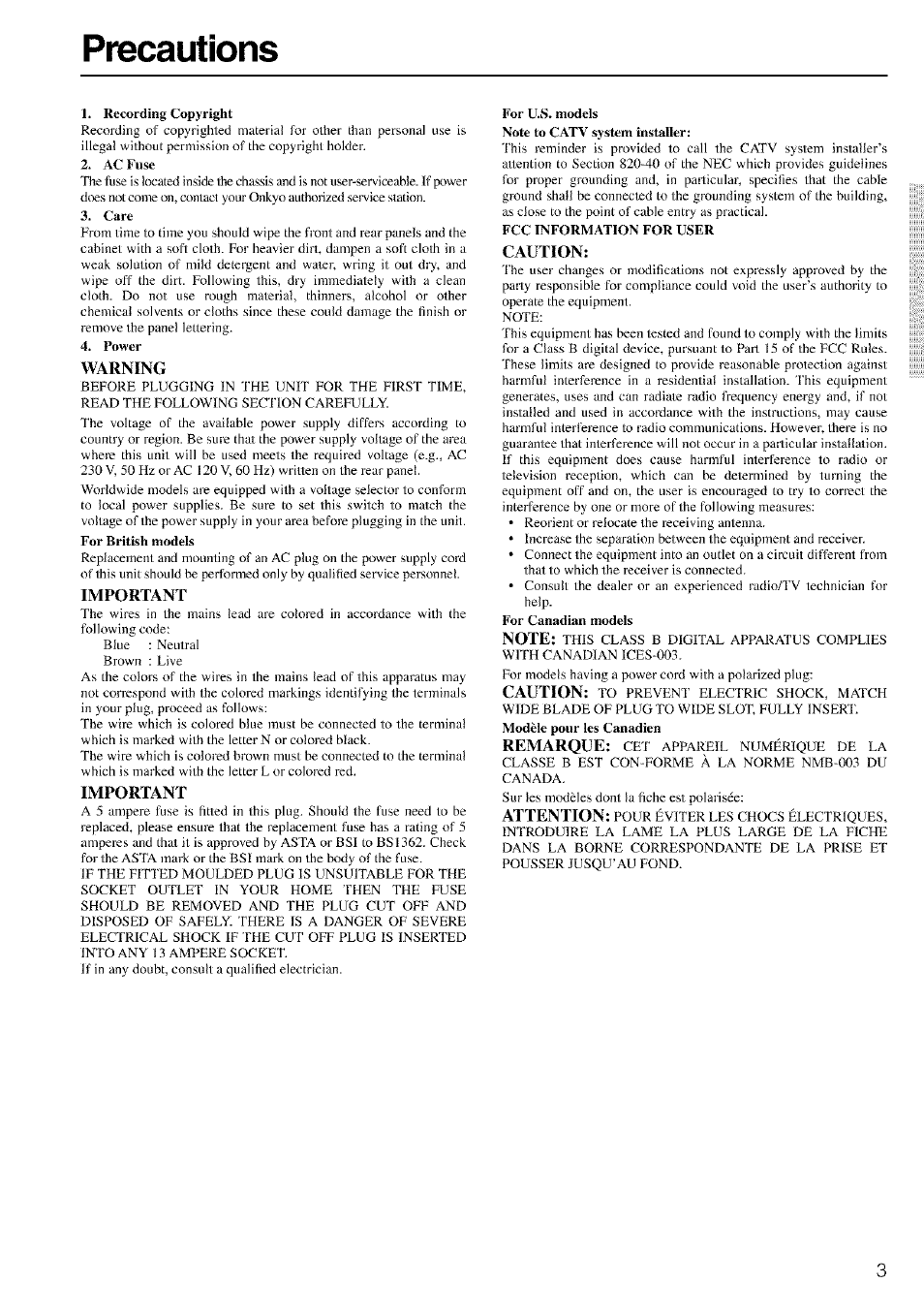 Precautions, Recording copyright, Ac fuse | Care, Power, Warning, Important, For u.s. models, Fcc information for user, Caution | Onkyo TX-SR601 User Manual | Page 3 / 80