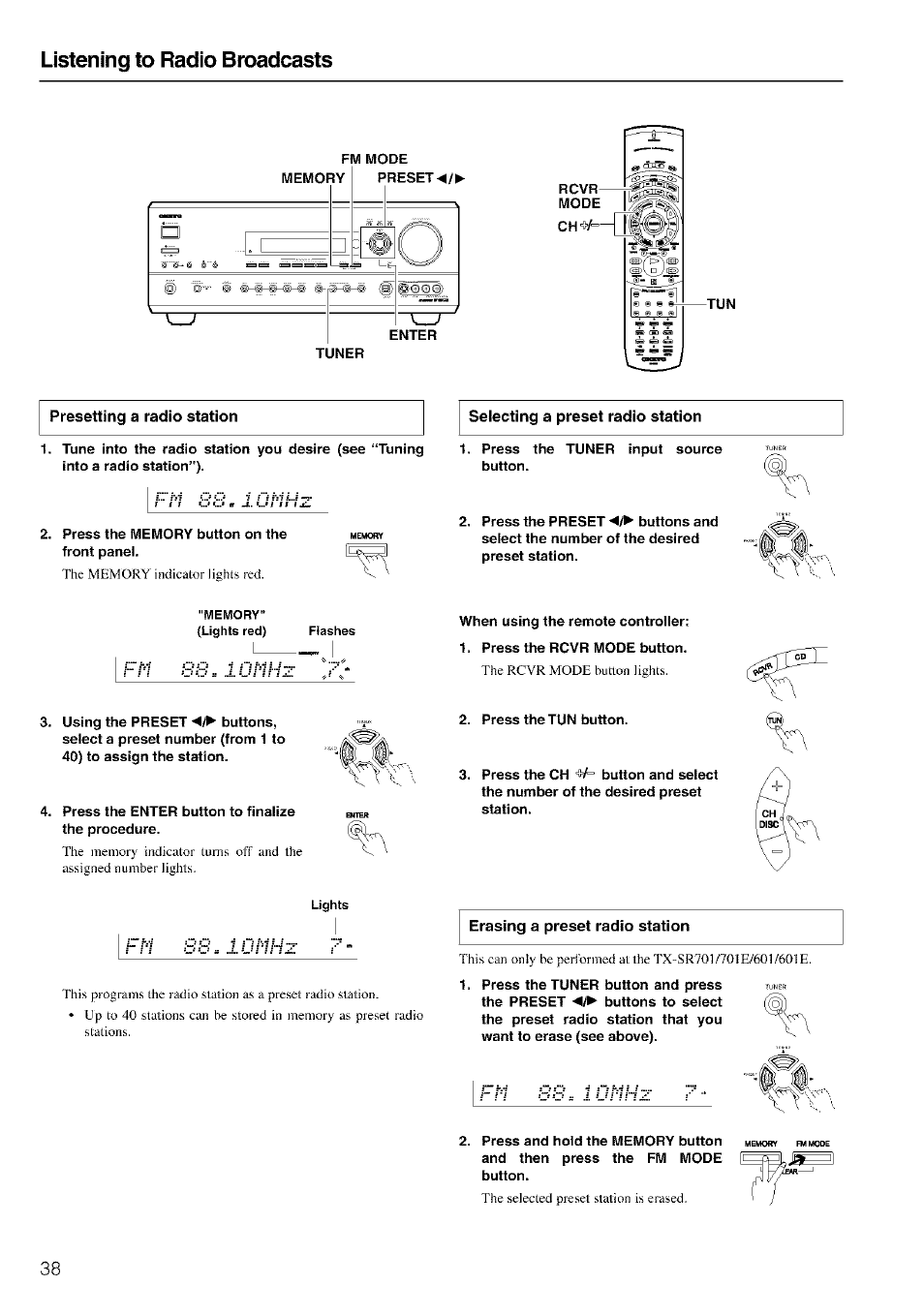 Listening to radio broadcasts | Onkyo TX-SR601 User Manual | Page 38 / 80