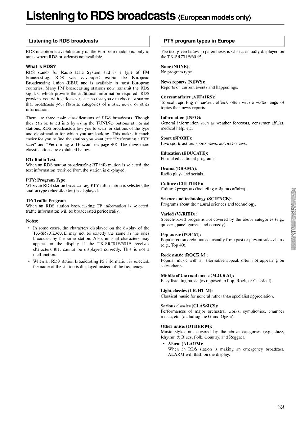 Listening to rds broadcasts, Pty program types in europe, What is rds | Rt: radio text, Pty: program type, Tp: tvattic program, Notes, None (none), News reports (news), Current affairs (afeairs) | Onkyo TX-SR601 User Manual | Page 39 / 80