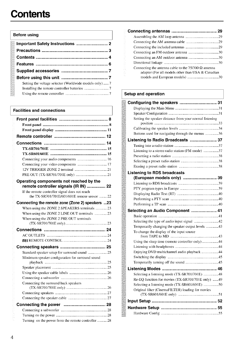 Onkyo TX-SR601 User Manual | Page 4 / 80