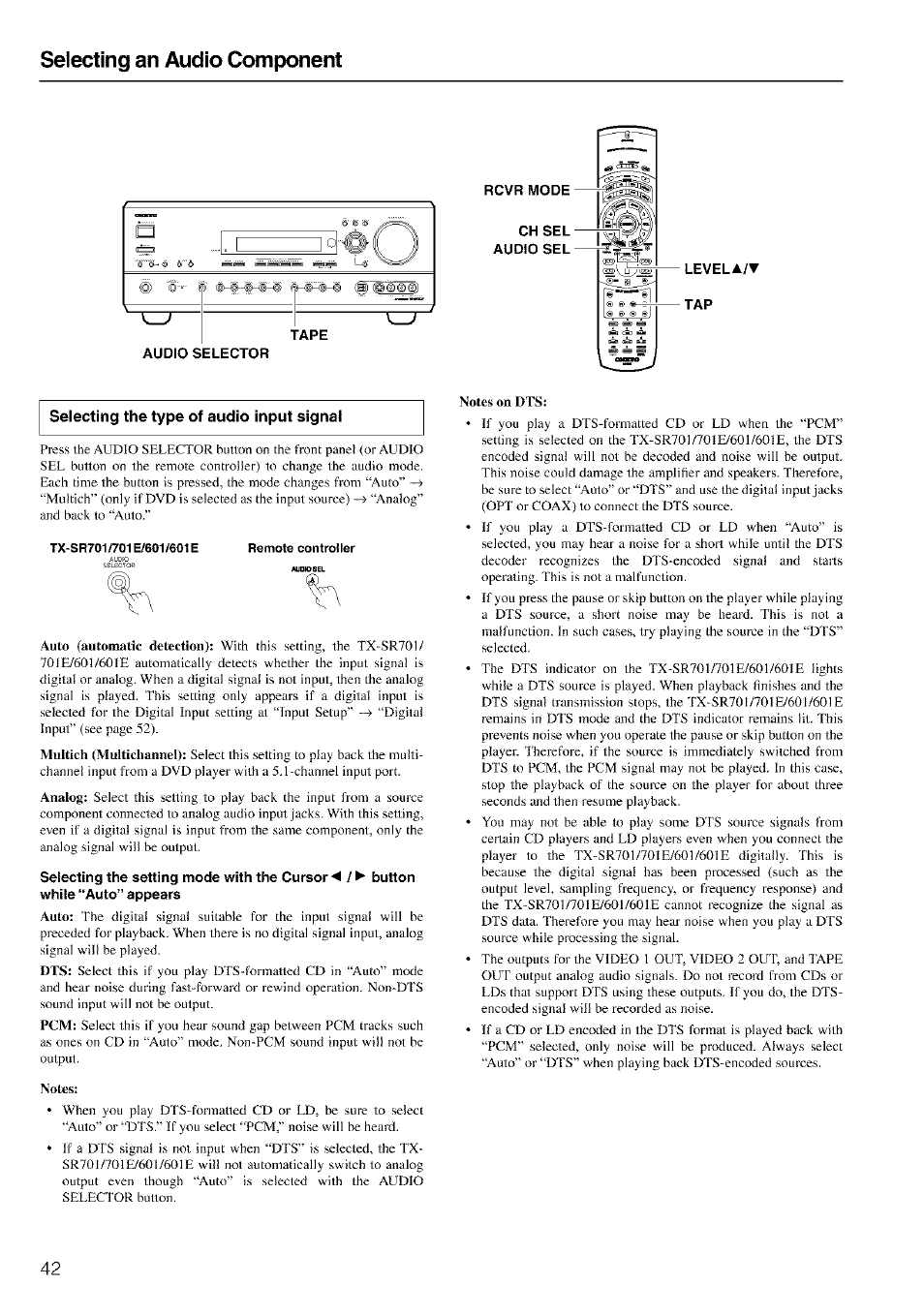 Rcvr mode, Ch sel audio sel, Levela/t | Notes, Notes on dts, Selecting an audio component | Onkyo TX-SR601 User Manual | Page 42 / 80