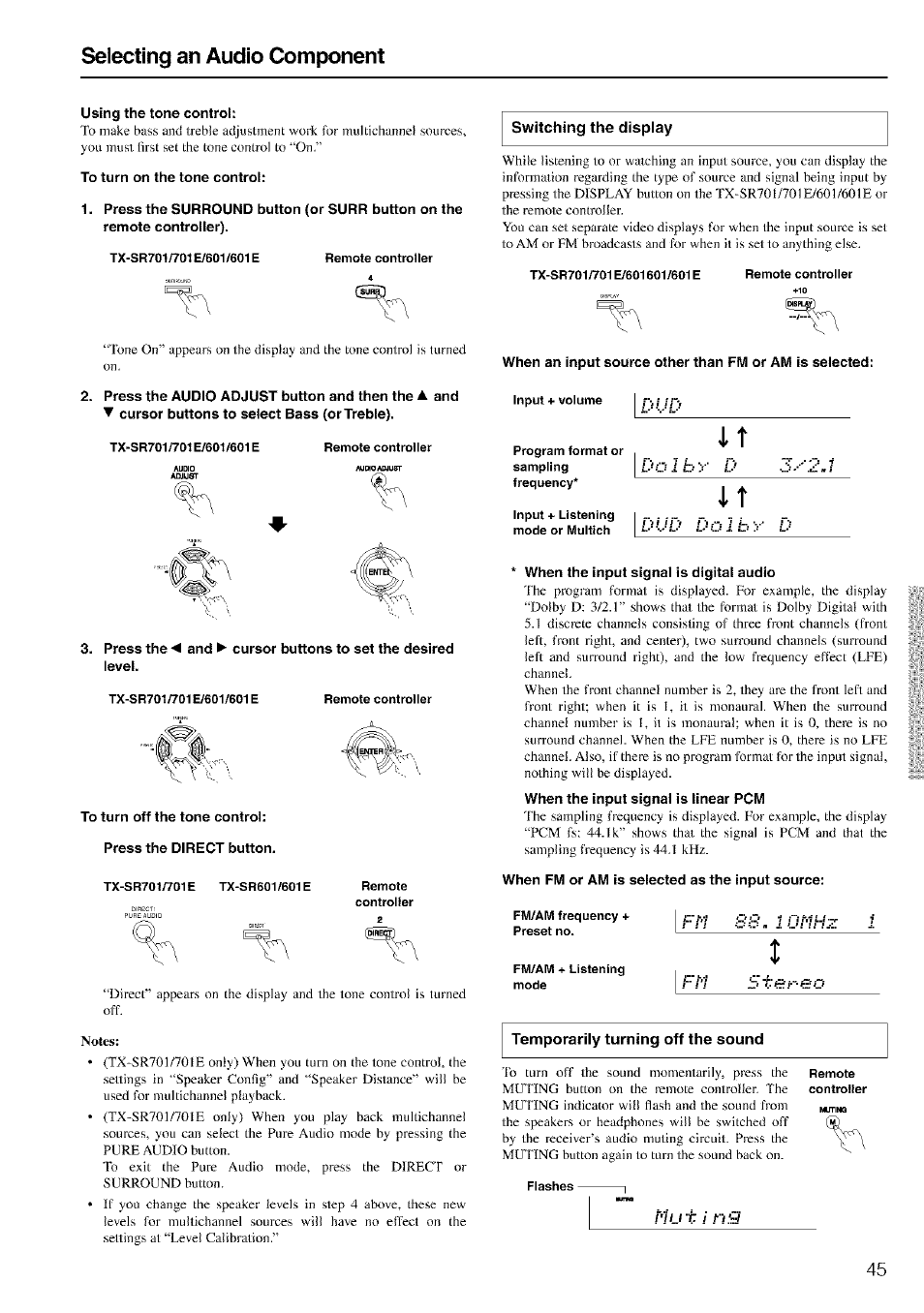 Switching the display, Temporarily turning off the sound, Selecting an audio component | Onkyo TX-SR601 User Manual | Page 45 / 80