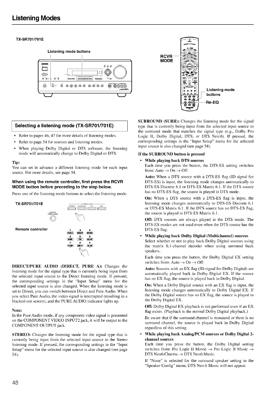 Tx-sr701/701e, Rcvr, Mode | Remote controller, Note, If the surround button is pressed, Tx-sr701/701eonly), Listening modes | Onkyo TX-SR601 User Manual | Page 48 / 80