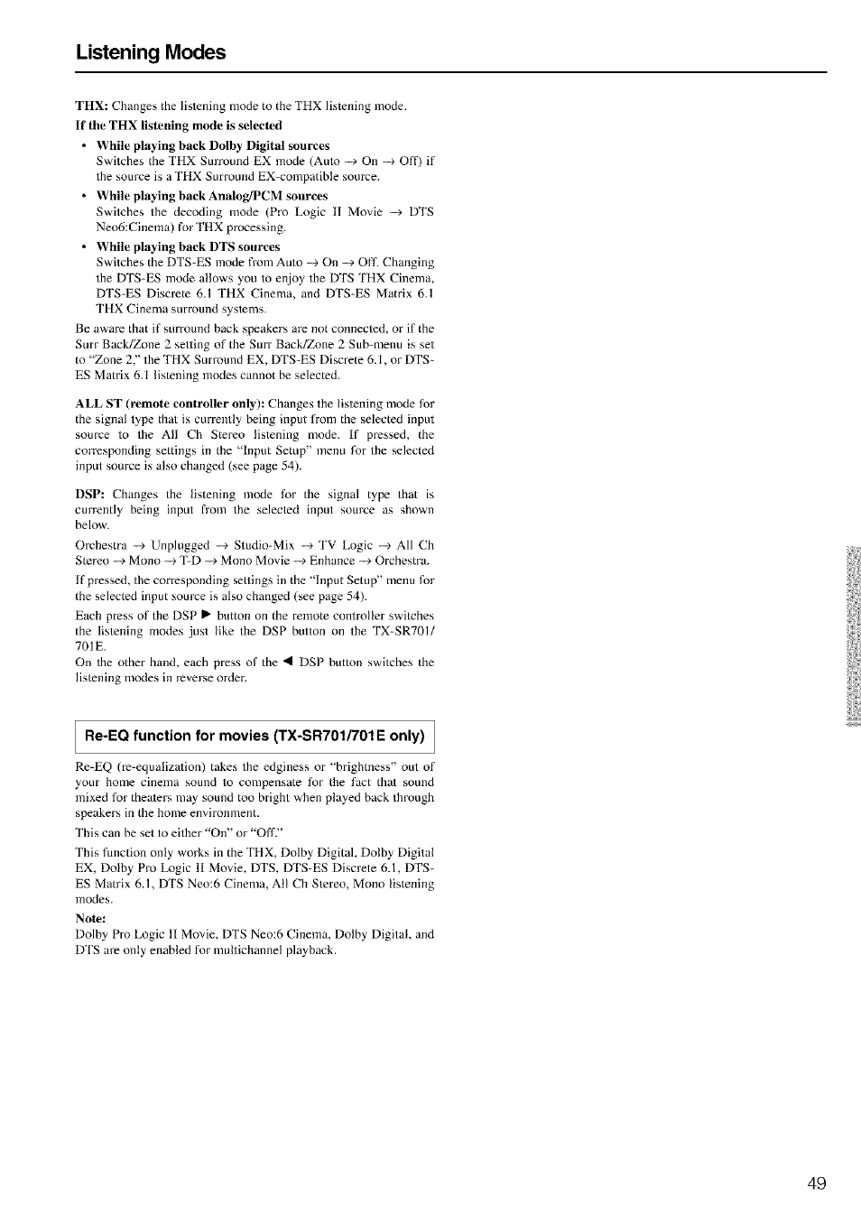 Note, Listening modes | Onkyo TX-SR601 User Manual | Page 49 / 80