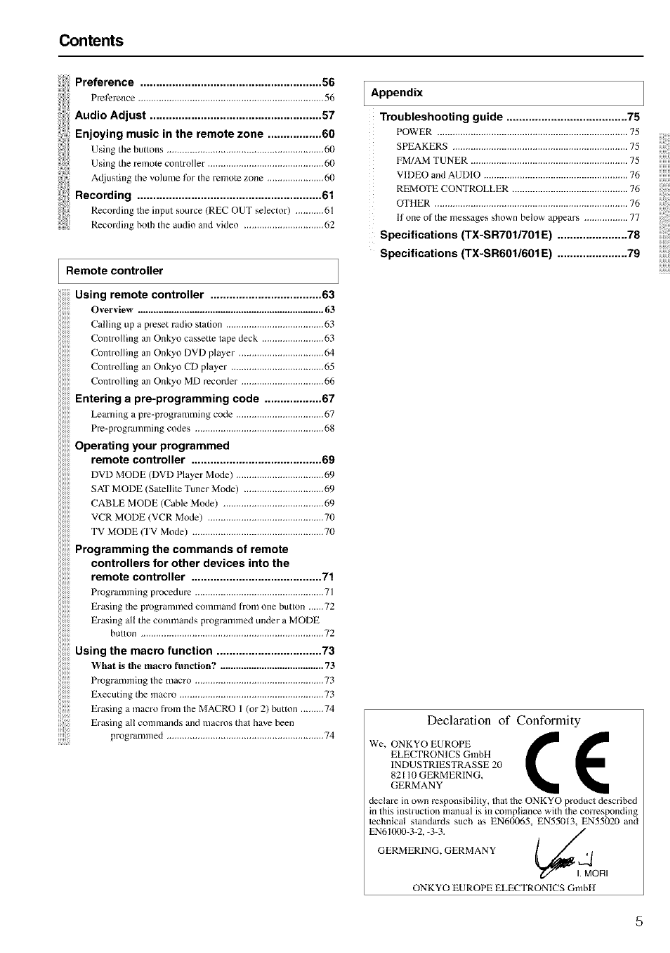 Onkyo TX-SR601 User Manual | Page 5 / 80