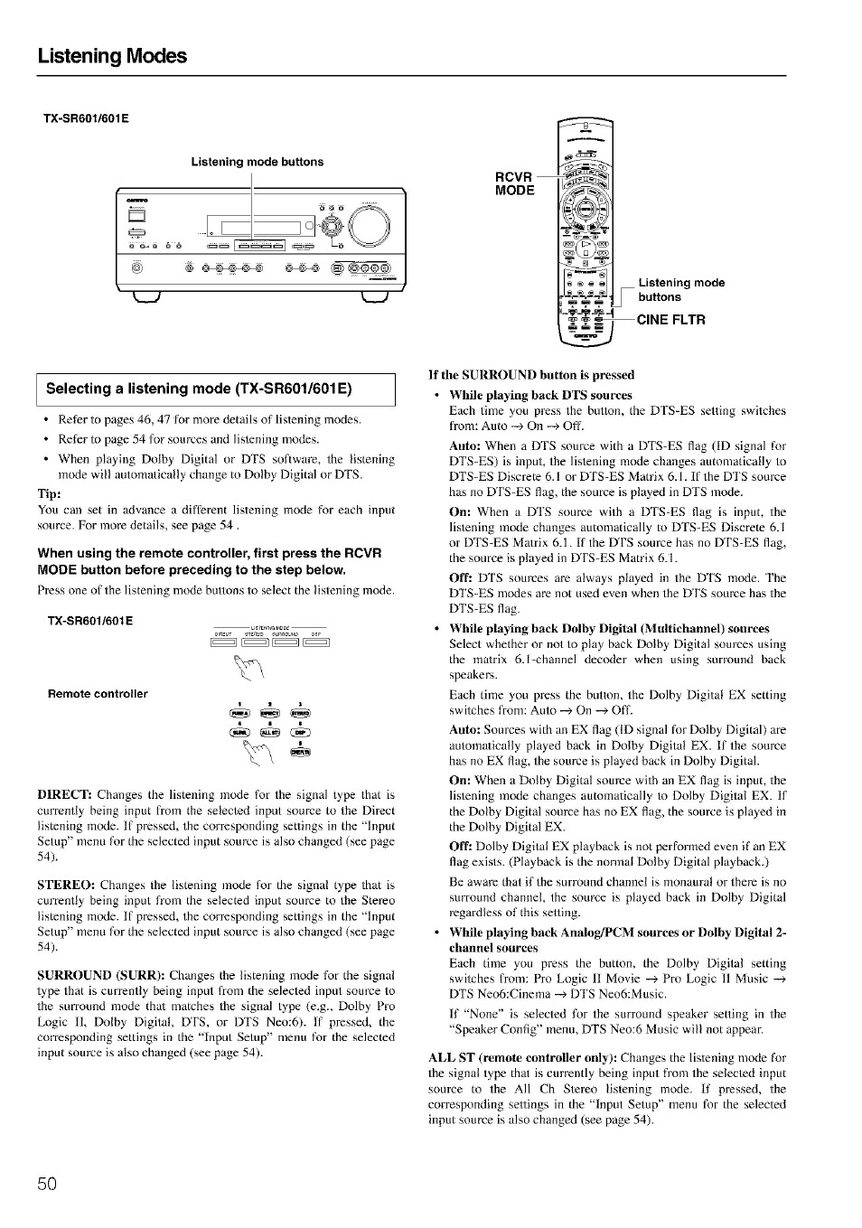 Tx-sr601/601e, Rcvr, Mode | Remote controller, If the surround button is pressed, Tx-sr601/601eonly), Listening modes | Onkyo TX-SR601 User Manual | Page 50 / 80