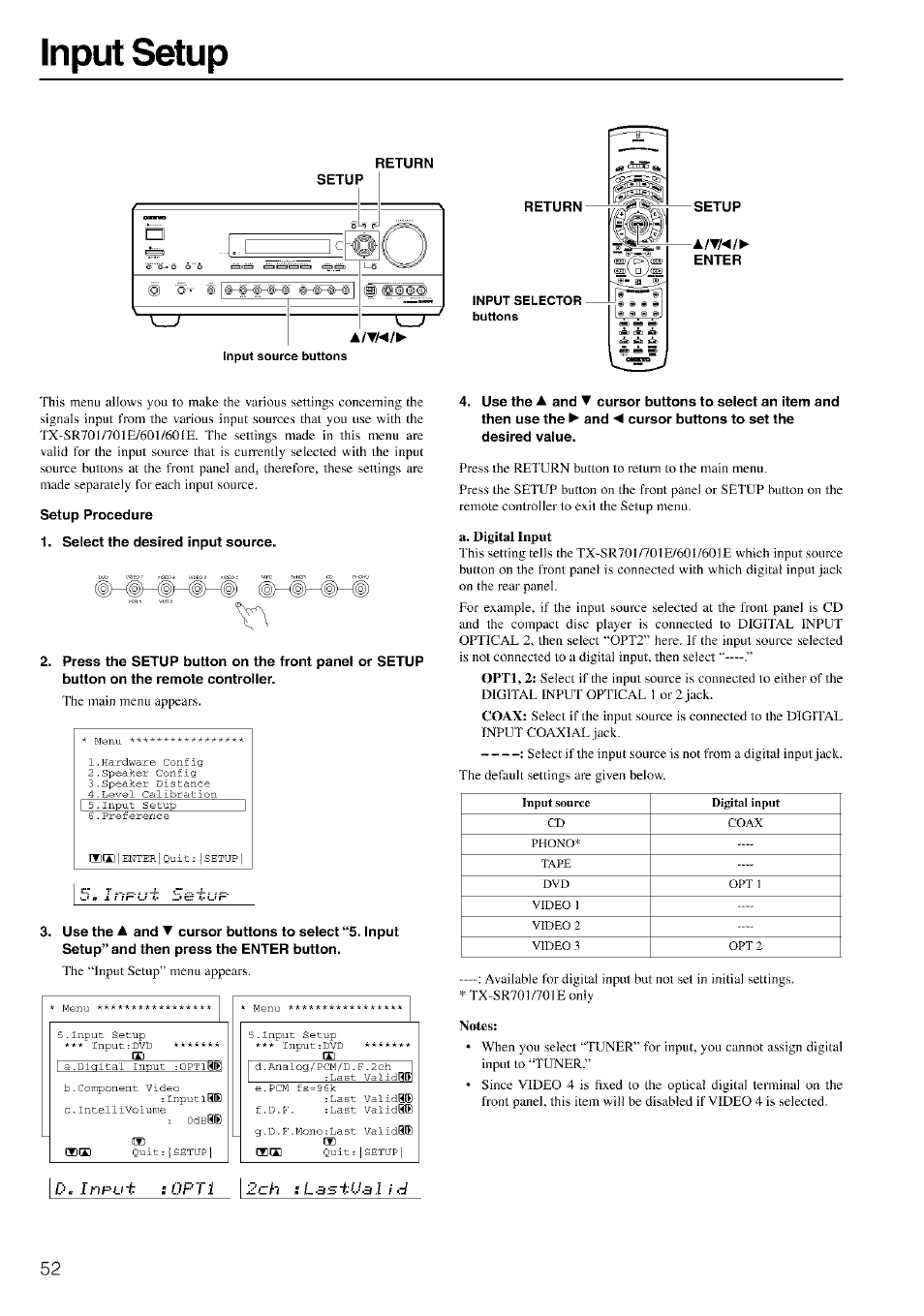 Input setup, Return, Setup | Enter, Setup procedure, Select the desired input source, A. digital input, Notes | Onkyo TX-SR601 User Manual | Page 52 / 80