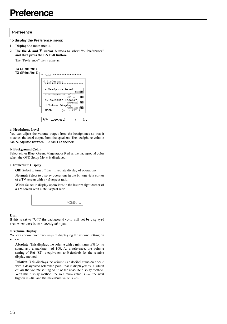 Preference, To display the preference menu, Display the main menu | A. headphone level, B. background color, C. immediate display, Hint, D. volume display | Onkyo TX-SR601 User Manual | Page 56 / 80