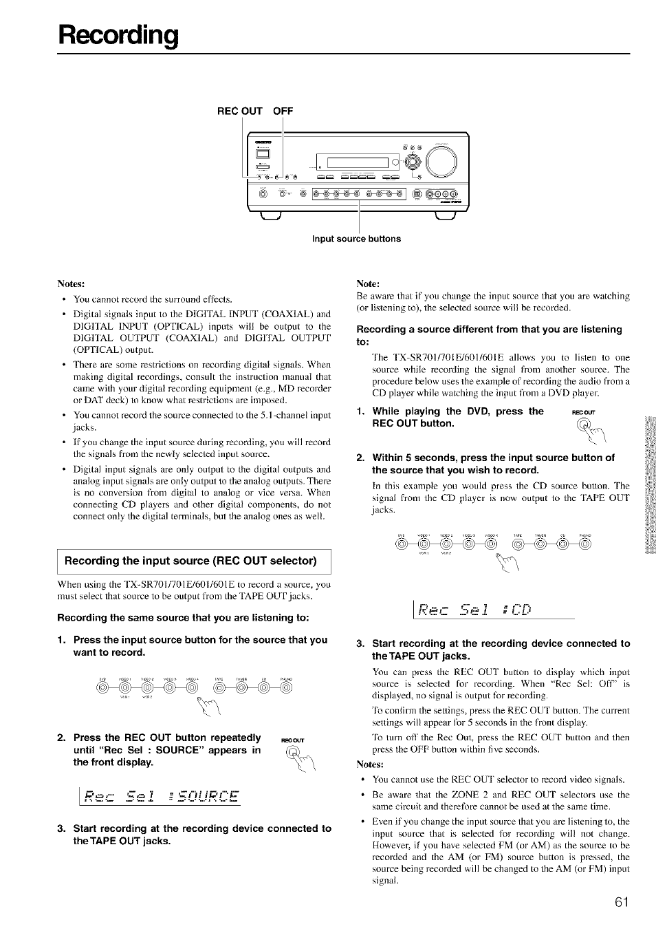 Recording, Note, Recording the input source (rec out selector) | Notes | Onkyo TX-SR601 User Manual | Page 61 / 80