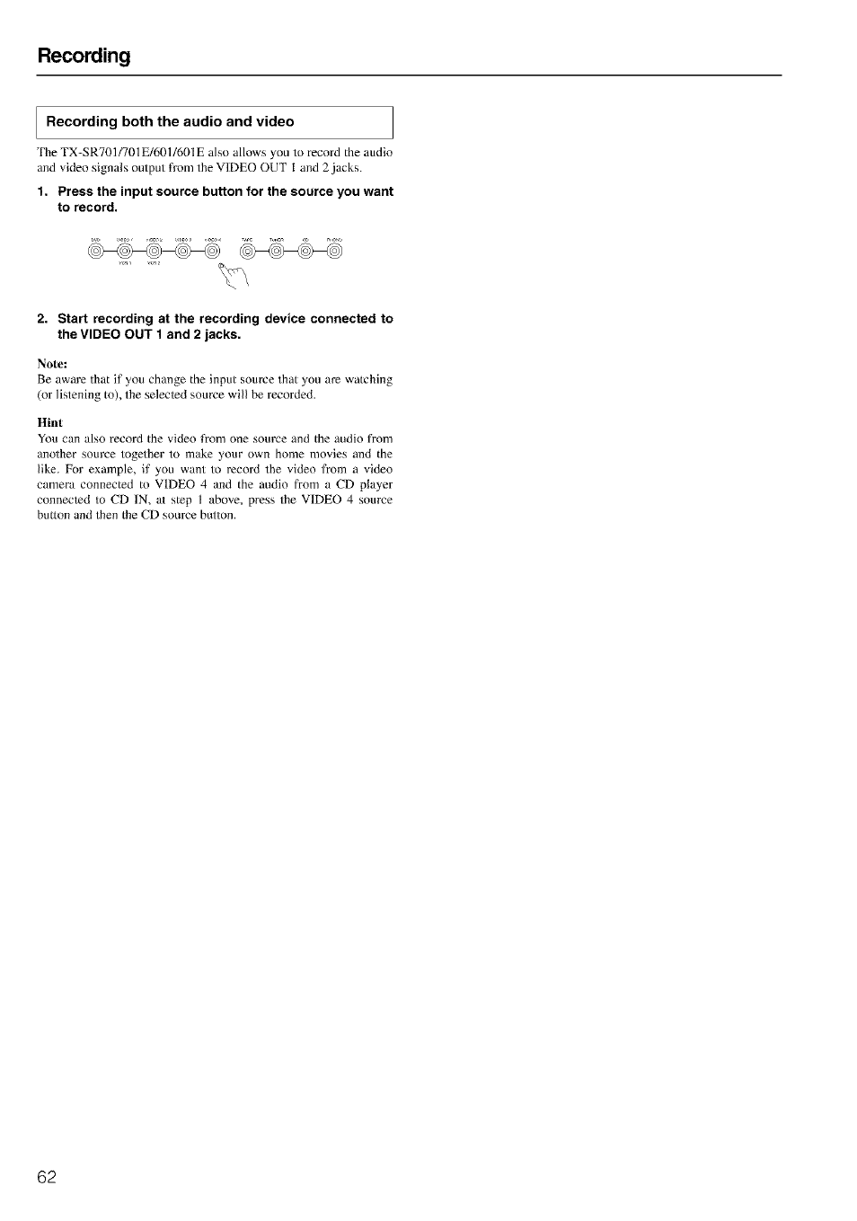 Recording, Note, Hint | Onkyo TX-SR601 User Manual | Page 62 / 80