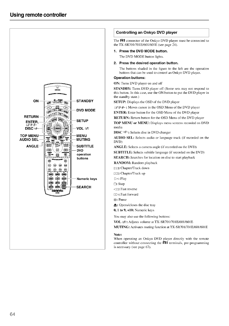 Controlling an onkyo dvd player, Press the dvd mode button, Press the desired operation button | Note, Using remote controller | Onkyo TX-SR601 User Manual | Page 64 / 80